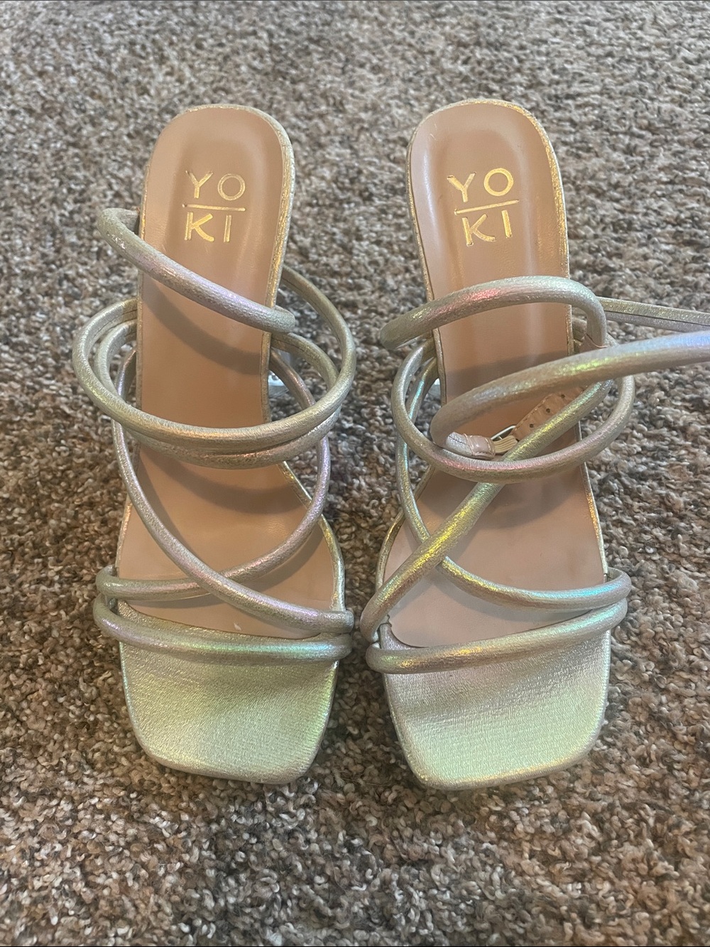 Yoki Women's Iridescent metallic Strappy clear Heeled ankle wrap Sandals size